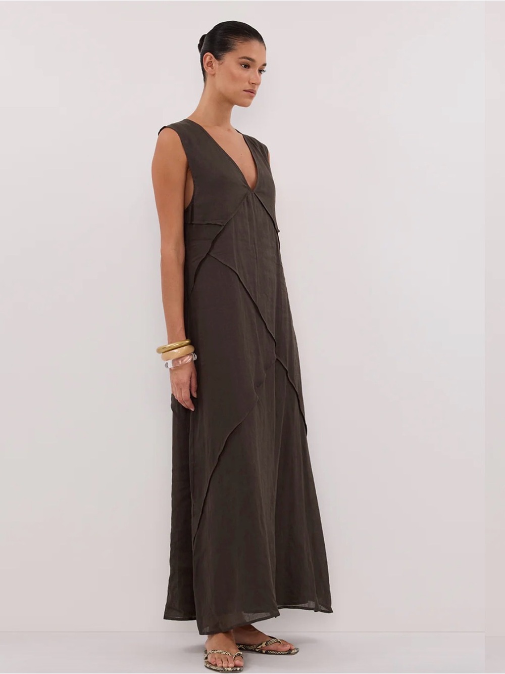 DISSH Jona Petrol Ramie Sleeveless V-Neck Maxi Dress in Dark Gray